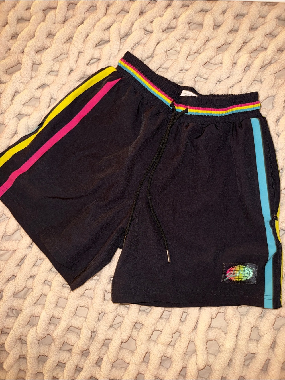 SLUNKS Athletic Shorts with Rainbow Waistband and Neon Side Stripes